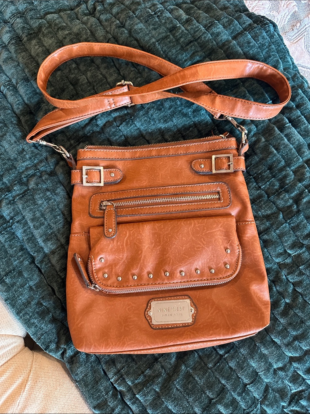 Nine West Cognac Crossbody Bag with Studded Front Pocket